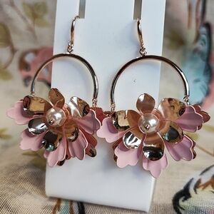 Pink Enamel Faux Pearl Gold Tone  Pierced Hook Earrings NWOT